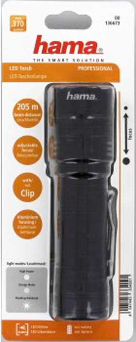 Lampe de poche LED noire dans un emballage avec texte et graphiques. Mise au point réglable.