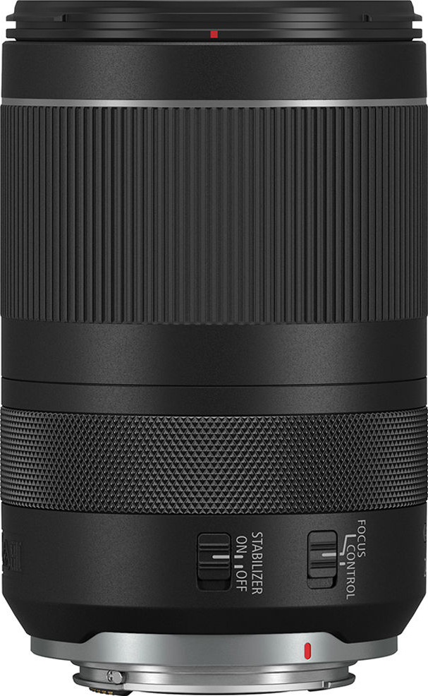 Obiettivo nero della fotocamera con controlli di messa a fuoco e stabilizzatore.
