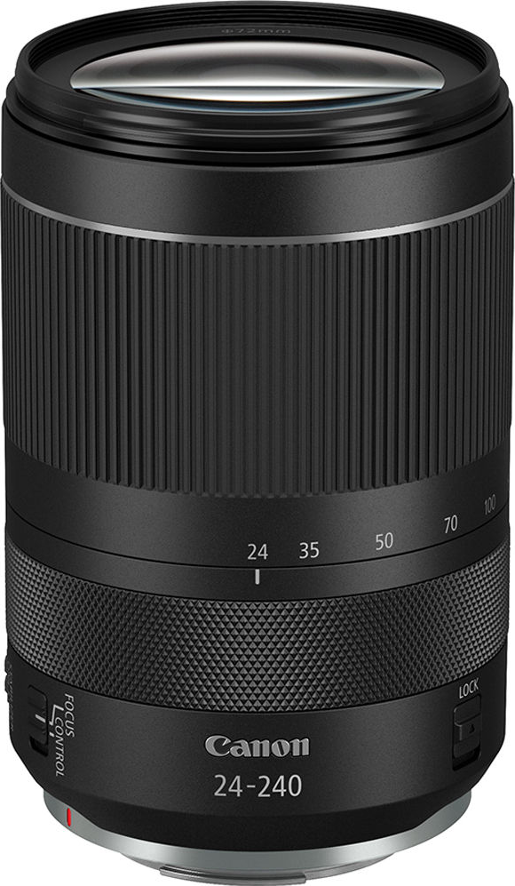 Un obiettivo Canon 24-240mm, nero con ghiere di messa a fuoco e zoom e un'etichetta informativa sull'obiettivo.
