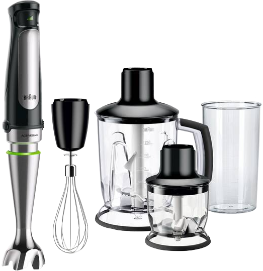 Ein Braun-Handmixer-Set mit mehreren Aufsätzen. Enthält einen Mixer, einen Schneebesen, Zerkleinerer und einen Becher.