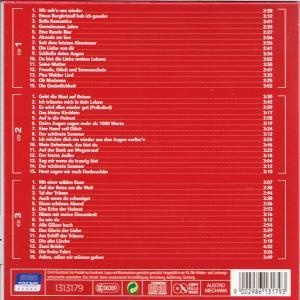 Ein CD-Etui mit Text und Titelliste, auf rotem Hintergrund.