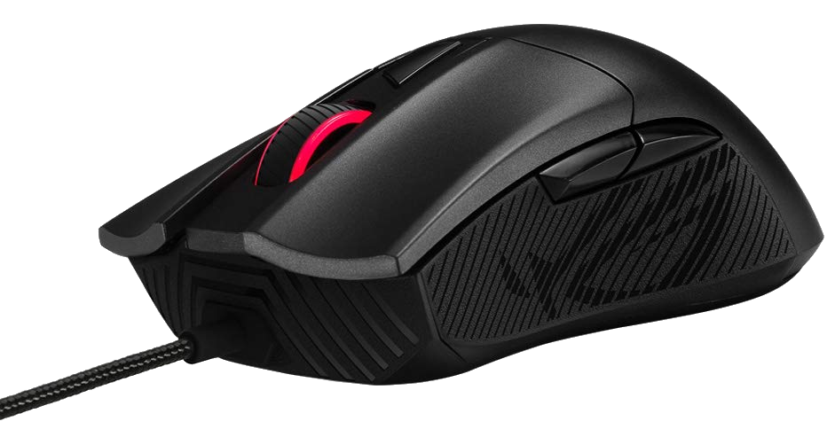 Fekete gamer egér piros fénnyel, oldalsó gombokkal és textúrázott fogással.