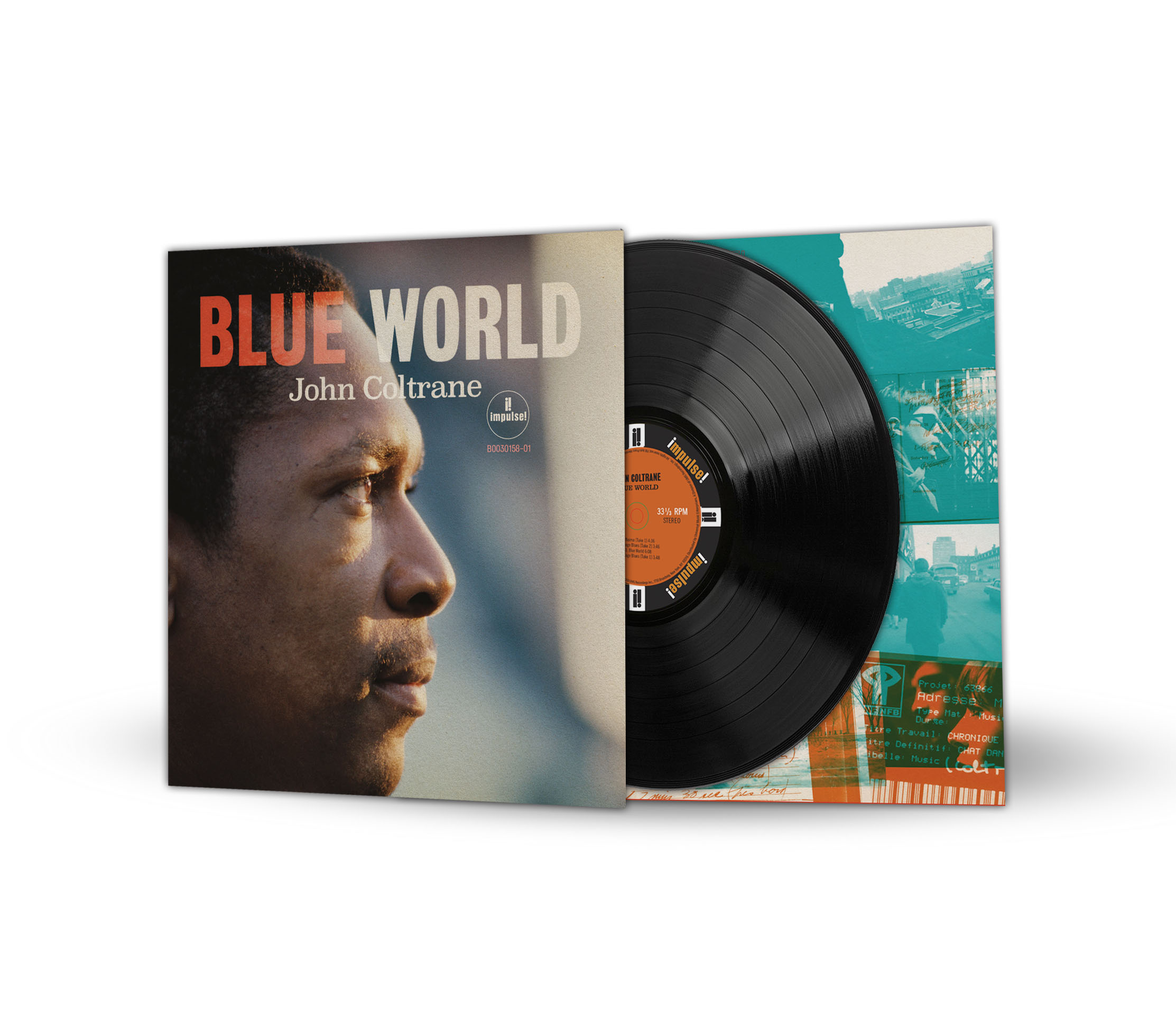 John Coltranes 'Blue World' Albumcover. Eine schwarze Vinyl-Schallplatte ist im Cover sichtbar.