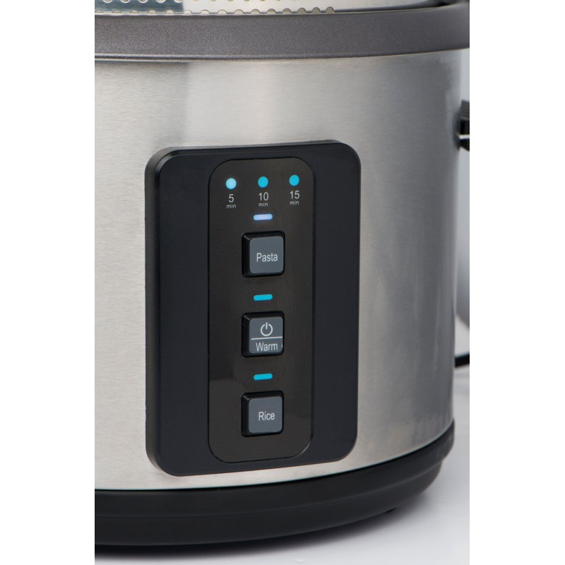 Close-up of a rice cooker control panel with buttons for pasta and rice.