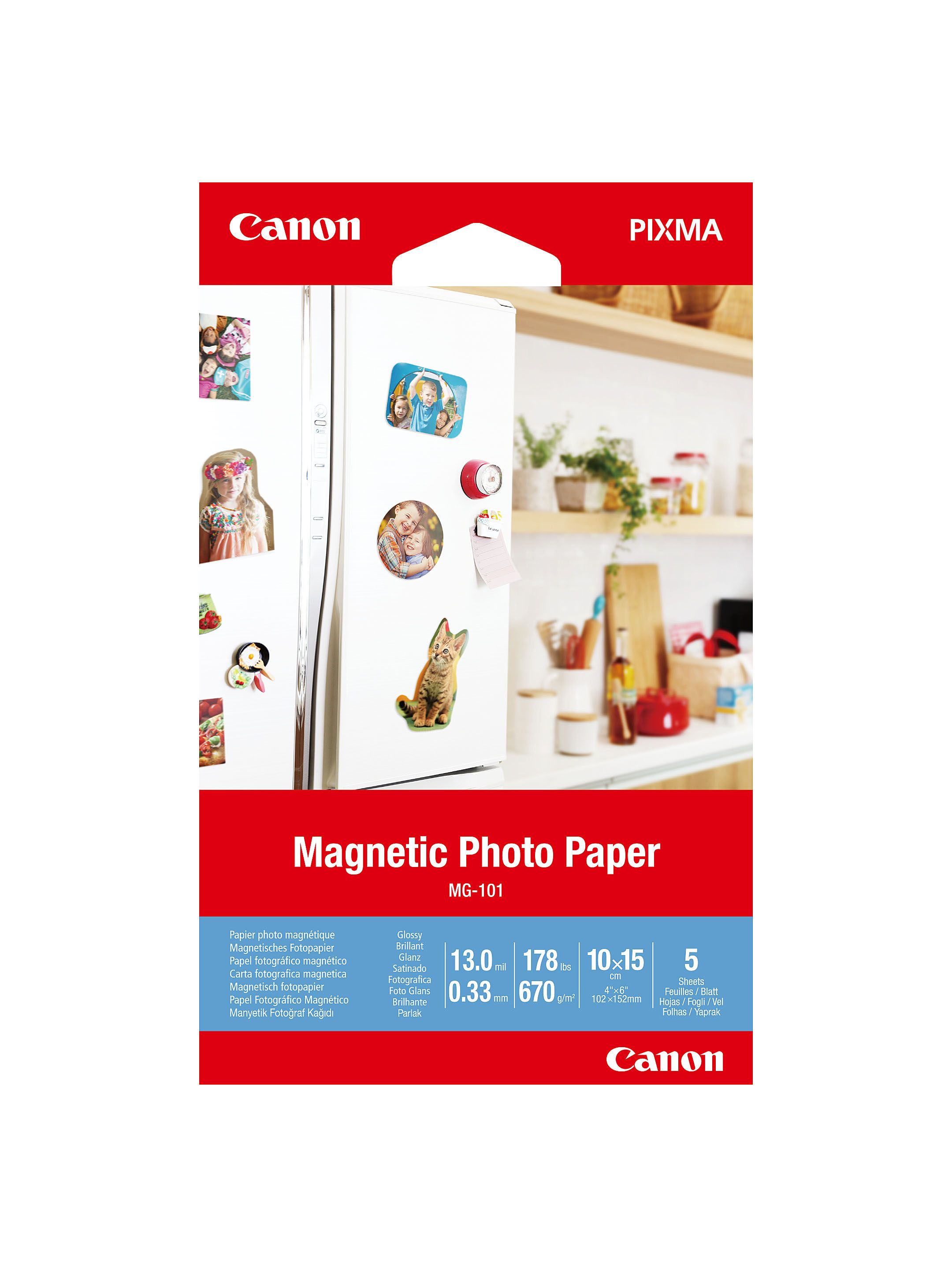 Fotopapierverpackung mit Bildern von Magneten auf einem Kühlschrank. Die Marke Canon ist sichtbar.
