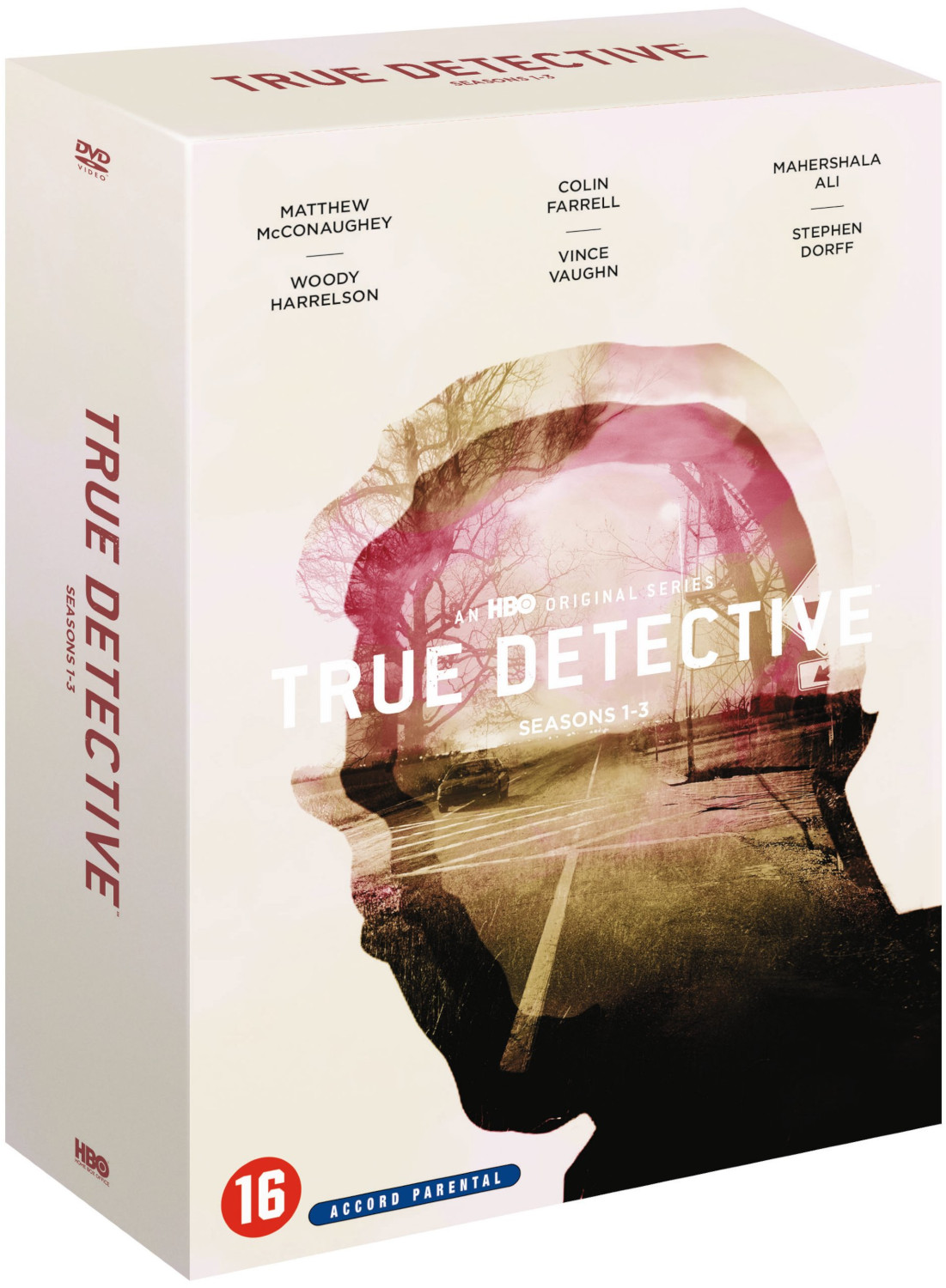 DVD-box van True Detective, met acteursnamen en titel. Witte doos met een vage afbeelding.