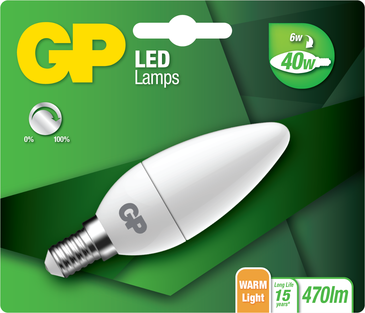 Witte LED-lamp in een groene verpakking. Tekst: GP LED Lamps, 6w, 40w, Warm Licht, 470lm.
