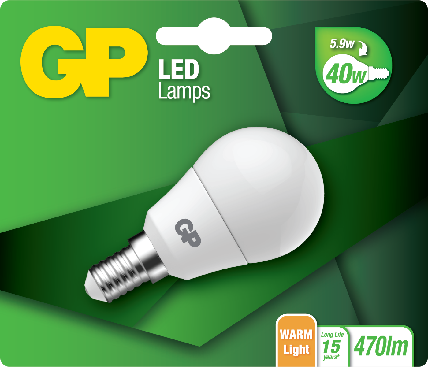 GP LED-lamp op een groene achtergrond met een label met wattage, lumen en een lange levensduur-indicator.