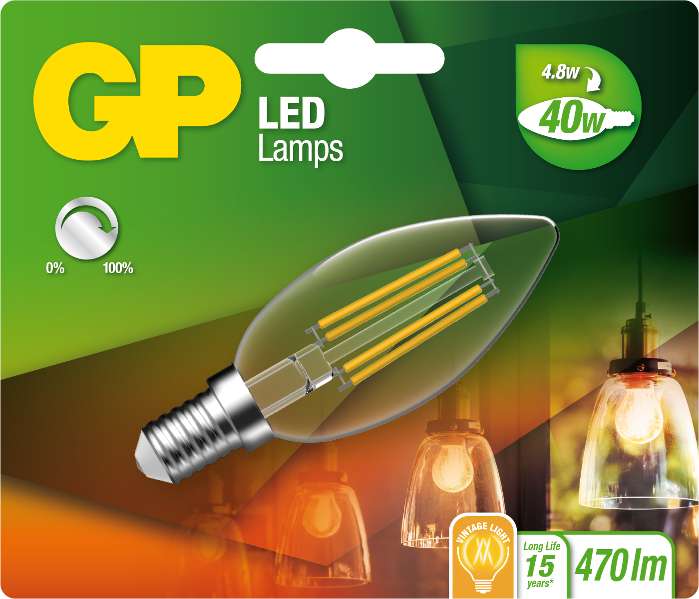 GP LED bulb in a package. The bulb is clear with yellow filaments and a silver base.