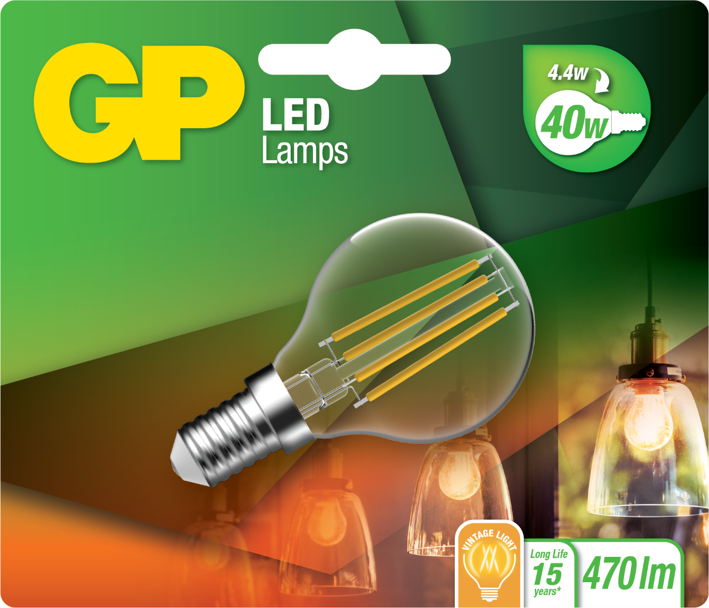 LED bulb in a package. Shows a clear bulb design with a vintage light label.