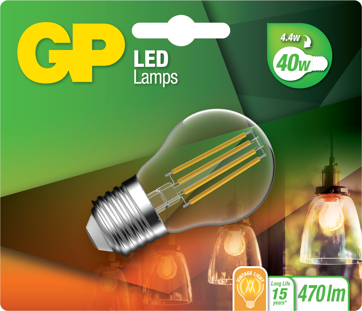 LED light bulb with gold filaments, in a green box with text, GP LED Lamps, and 40w equivalent.