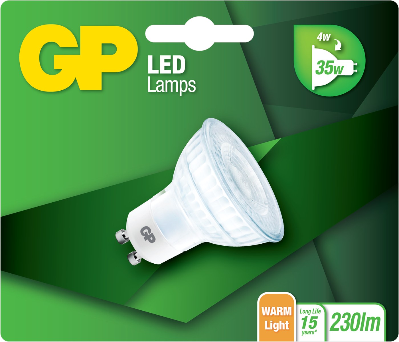 GP LED lamp on a green background. White lamp with a silver base. Green and yellow details.