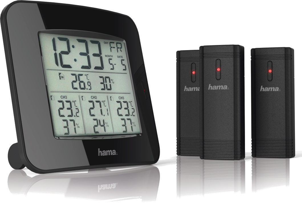 A black digital weather station with three black wireless sensors.