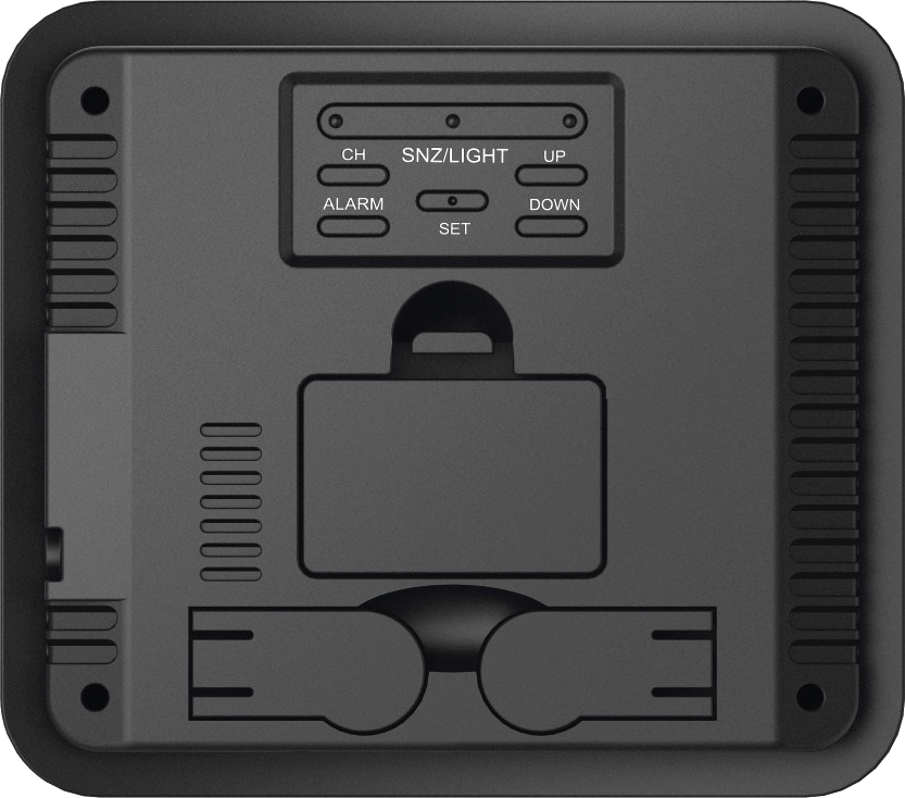 Back of a black digital clock with buttons labeled CH, SNZ/LIGHT, ALARM, SET, UP, DOWN.