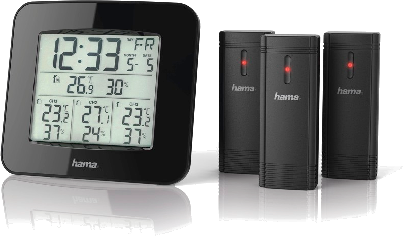 Black digital weather station with three sensors. Black background.