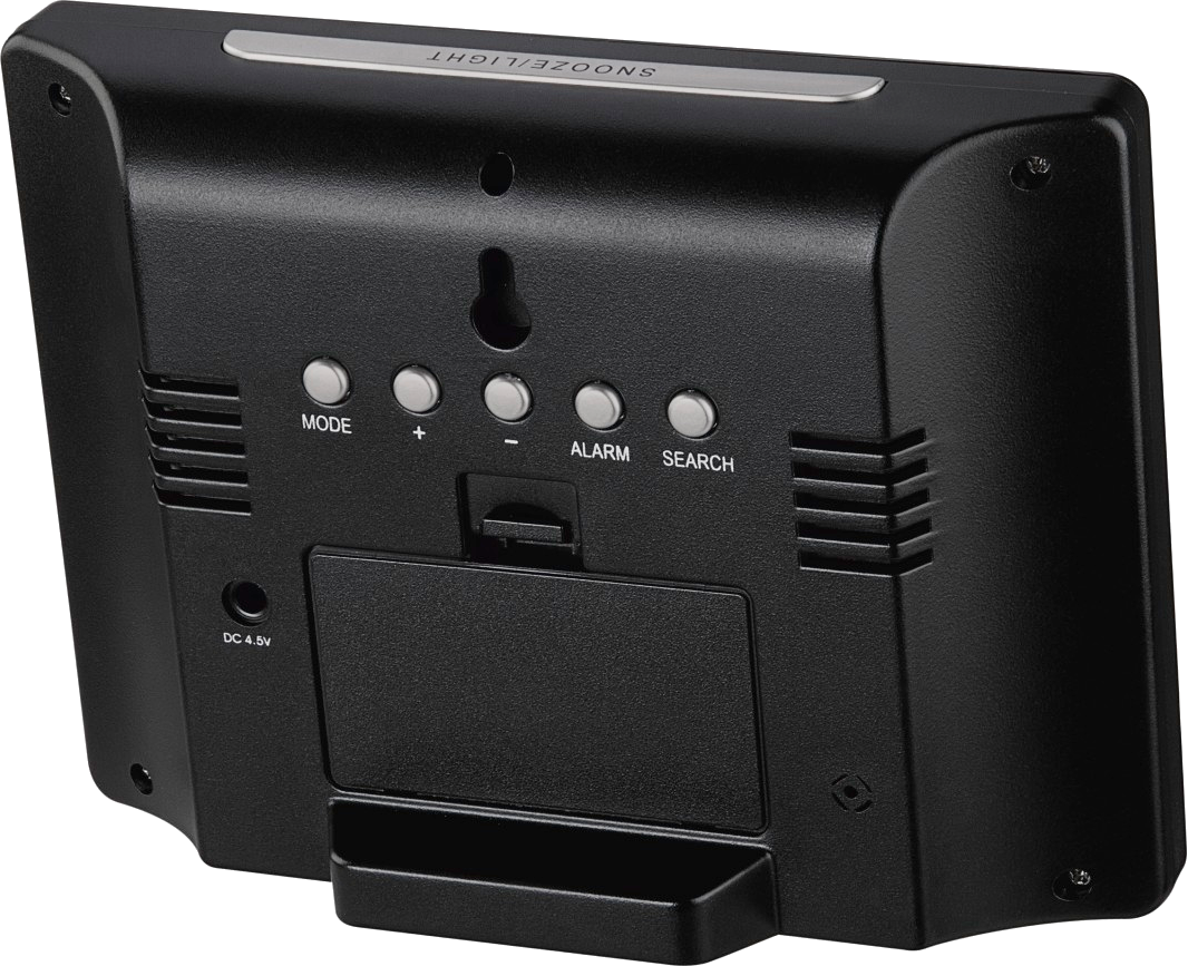 Black digital alarm clock. Buttons for mode, alarm, and search.