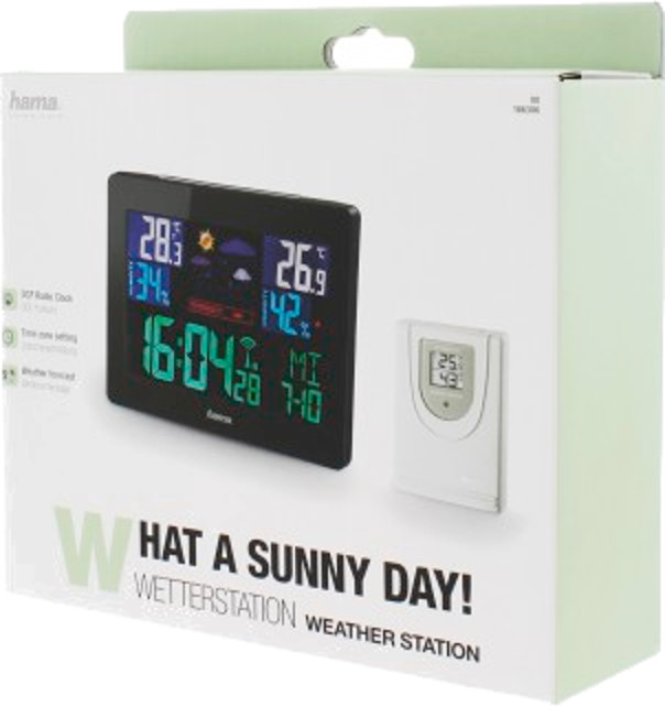 Weather station box with a black display showing time, weather, and temperature.