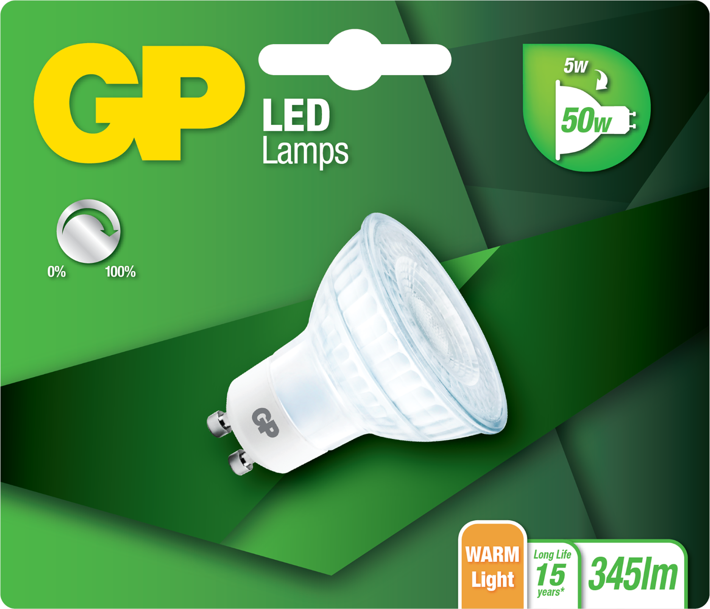 LED lamp in packaging. Bright light bulb with a green background. Text says "GP LED Lamps".