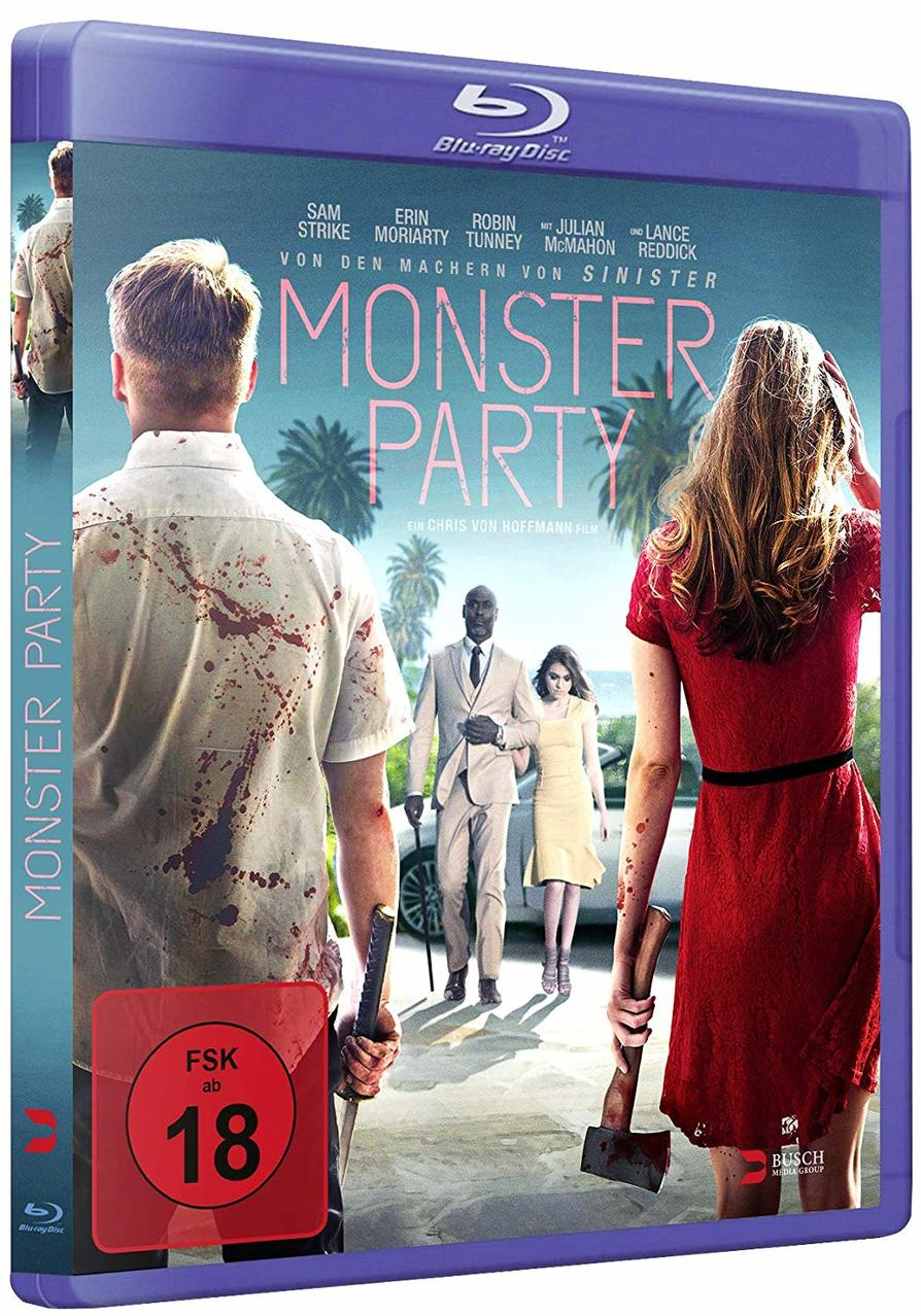 Monster Party Blu-ray Filmcover. Menschen mit Waffen im Vordergrund. Palmen im Hintergrund.