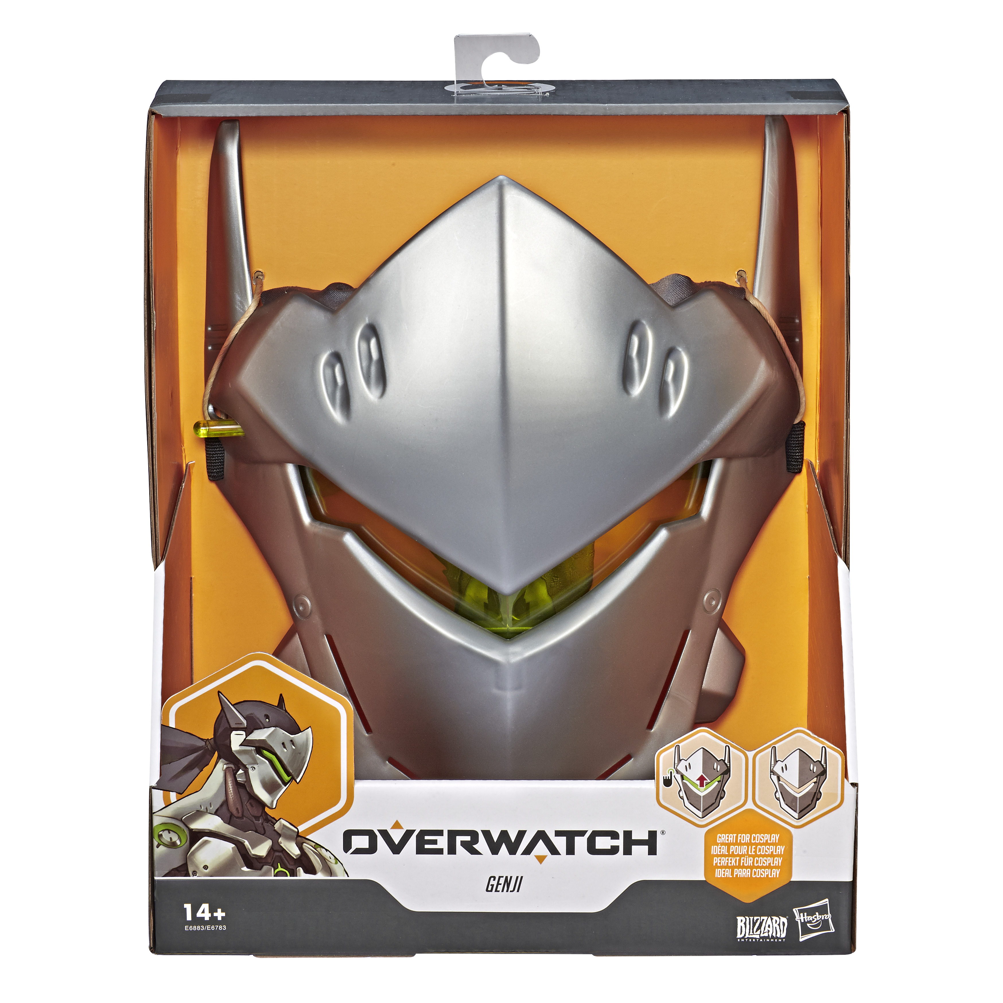 Overwatch Genji-Maske in einer Box. Silberne und grüne Maske mit Boxdetails.