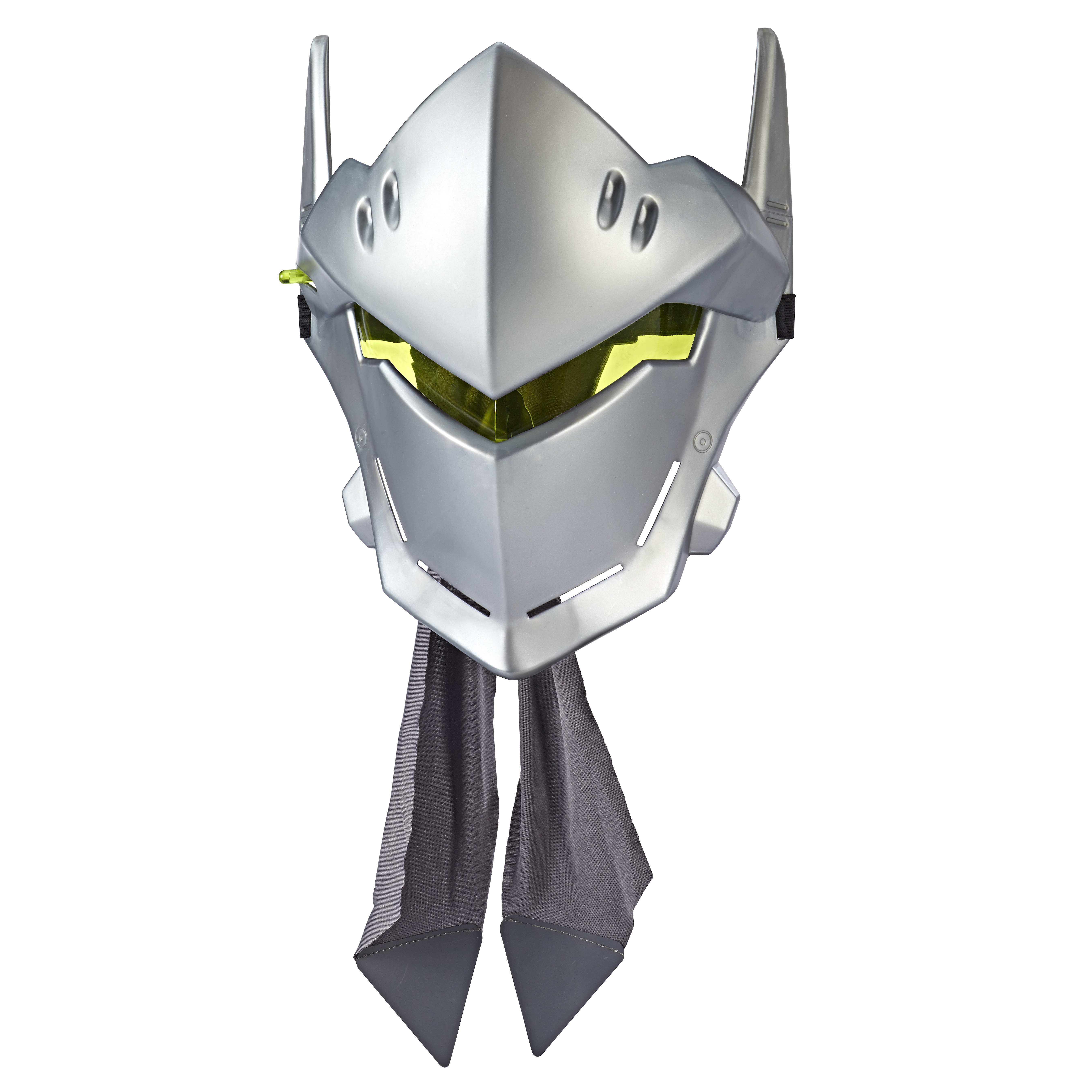 Silberne Overwatch Genji-Maske mit gelbem Visier und grauem Schal.