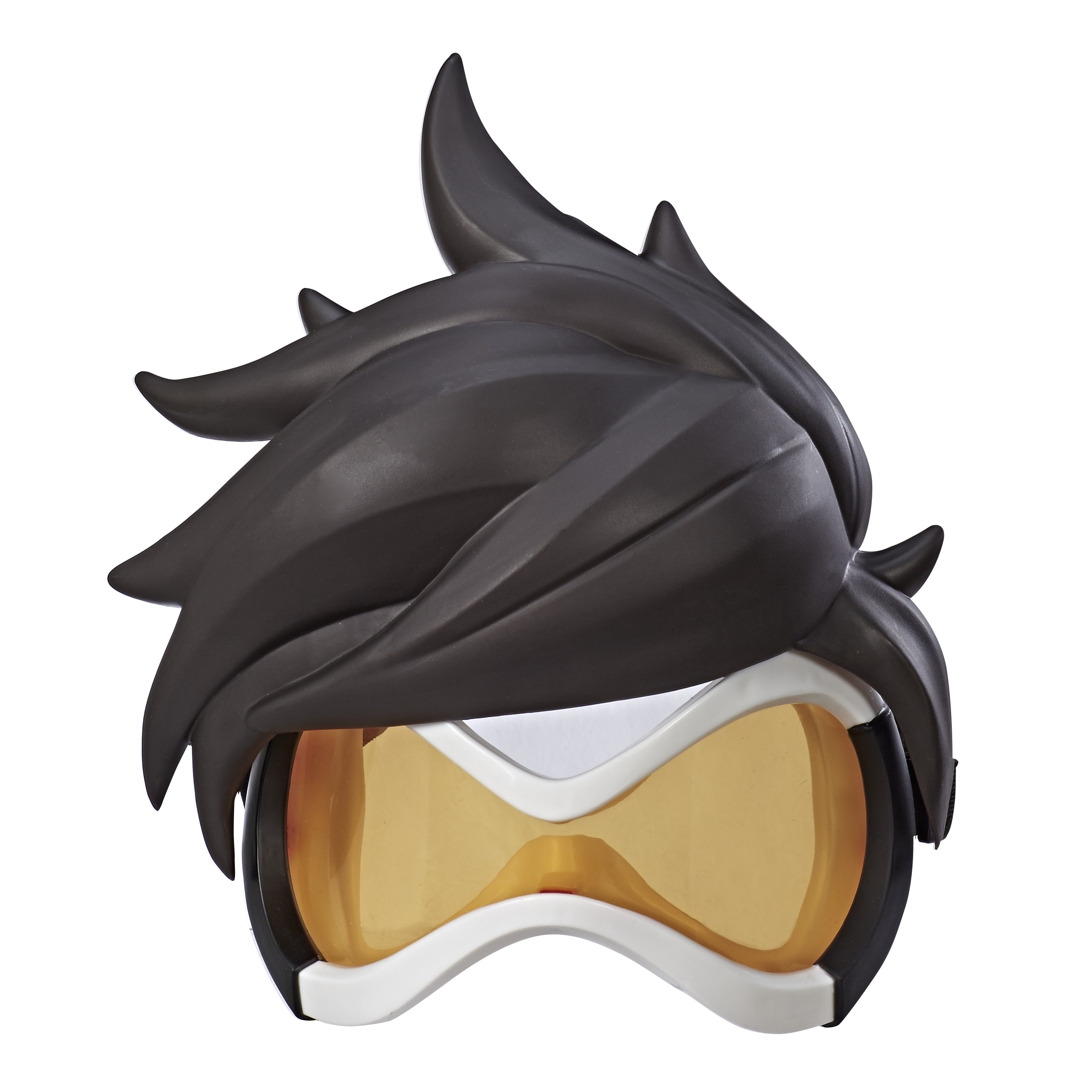 Overwatch Tracer-Maske. Schwarzes Haar, gelbe Brille, weiße und schwarze Maske.