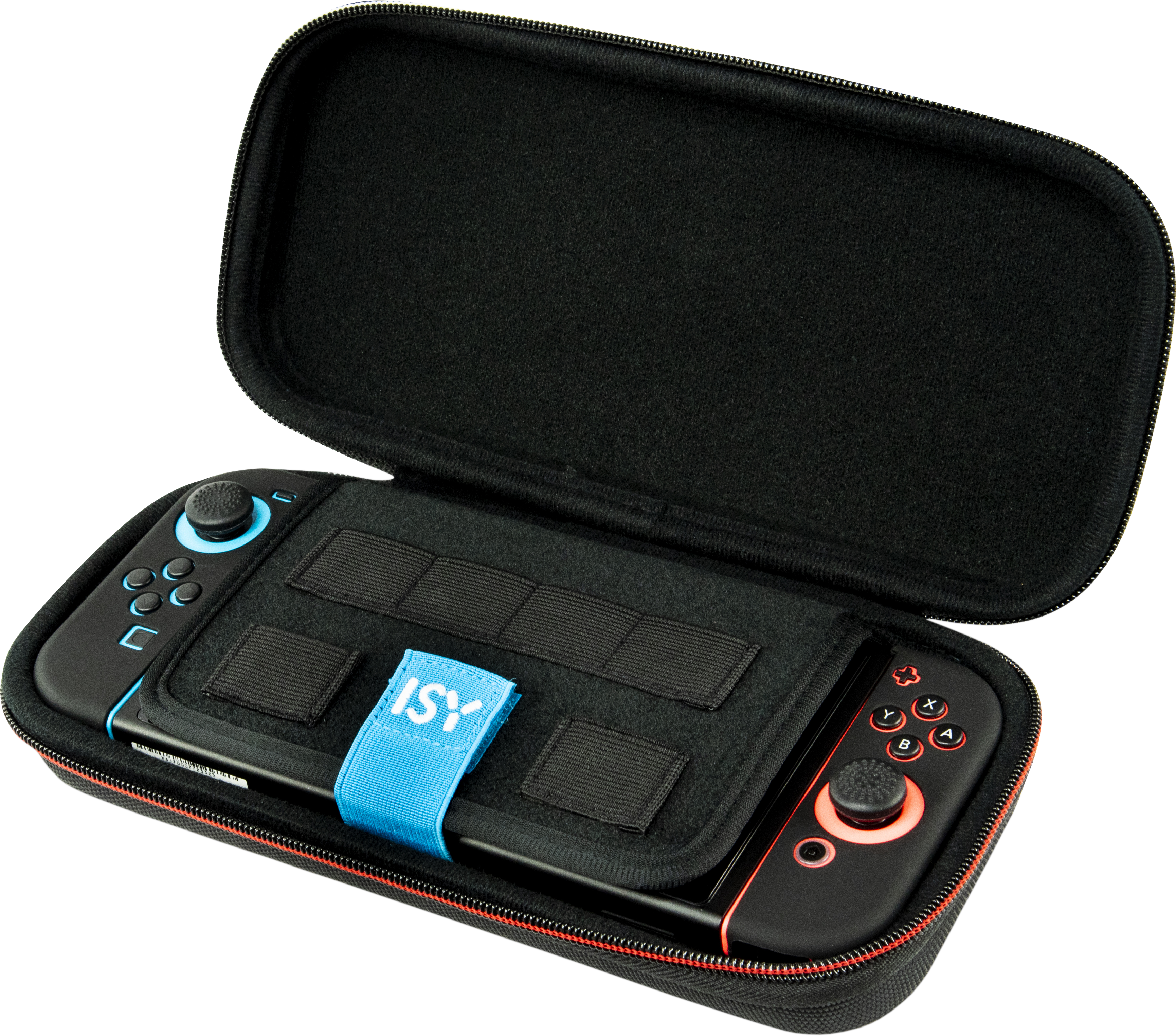 Custodia nera con un Nintendo Switch all'interno. Cinturino blu e sfondo bianco.