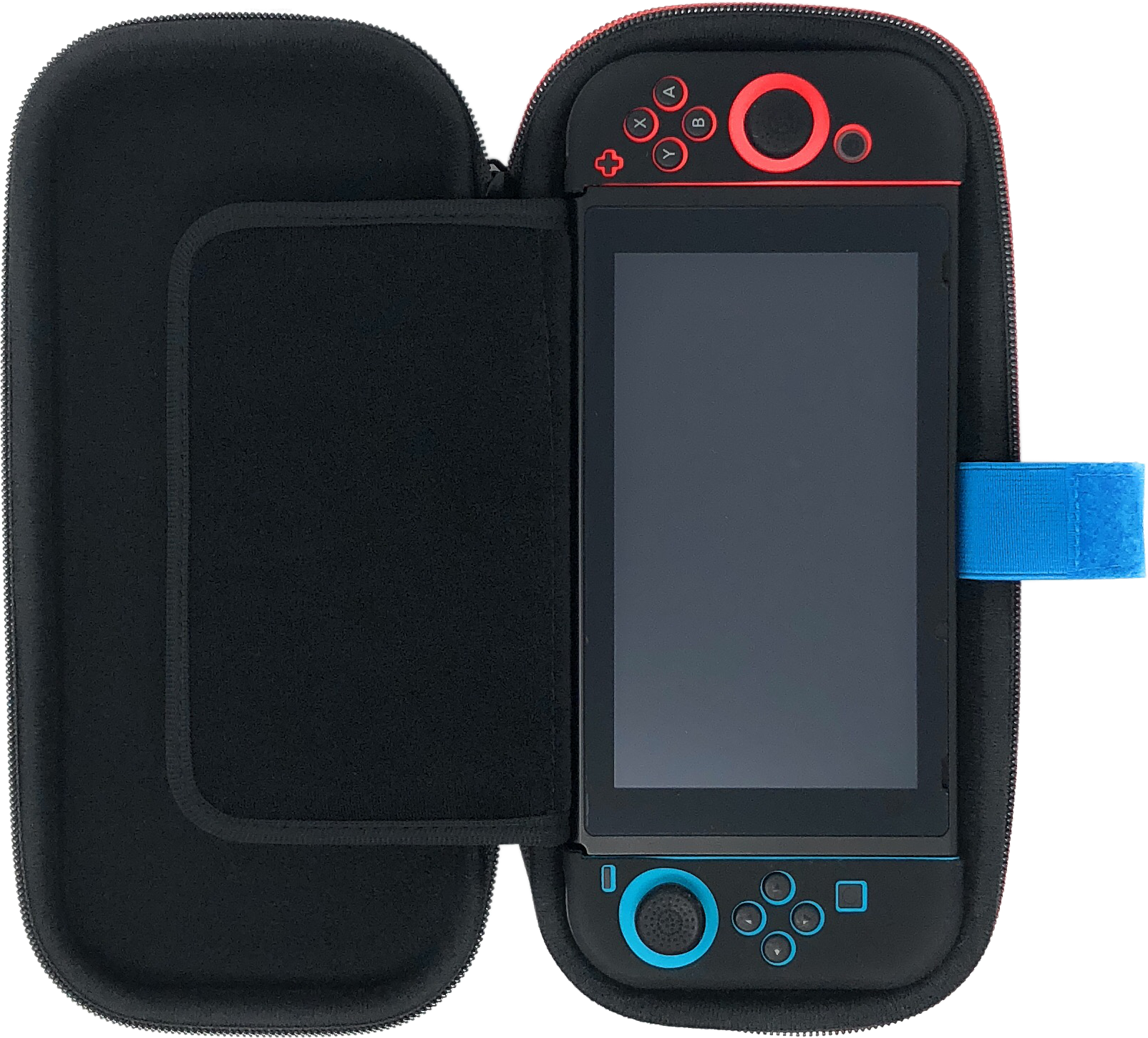 Console Nintendo Switch nera in custodia protettiva, cinturino blu.