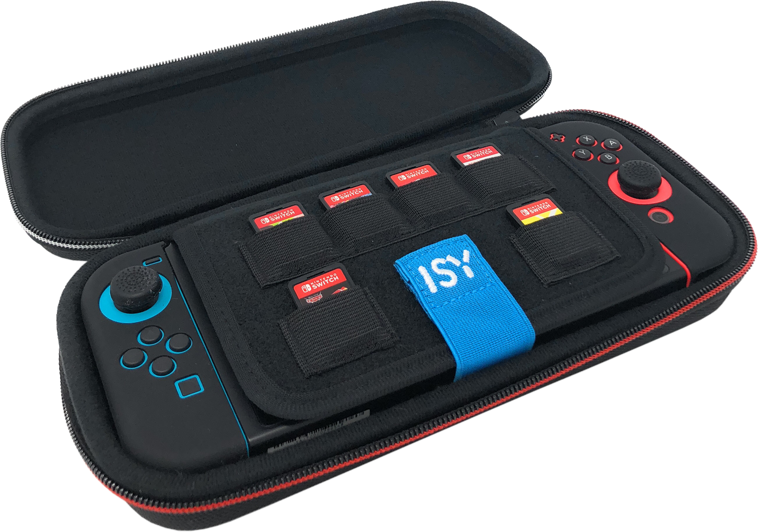 Custodia nera aperta con console Switch, schede di gioco e cinturino blu ISY.