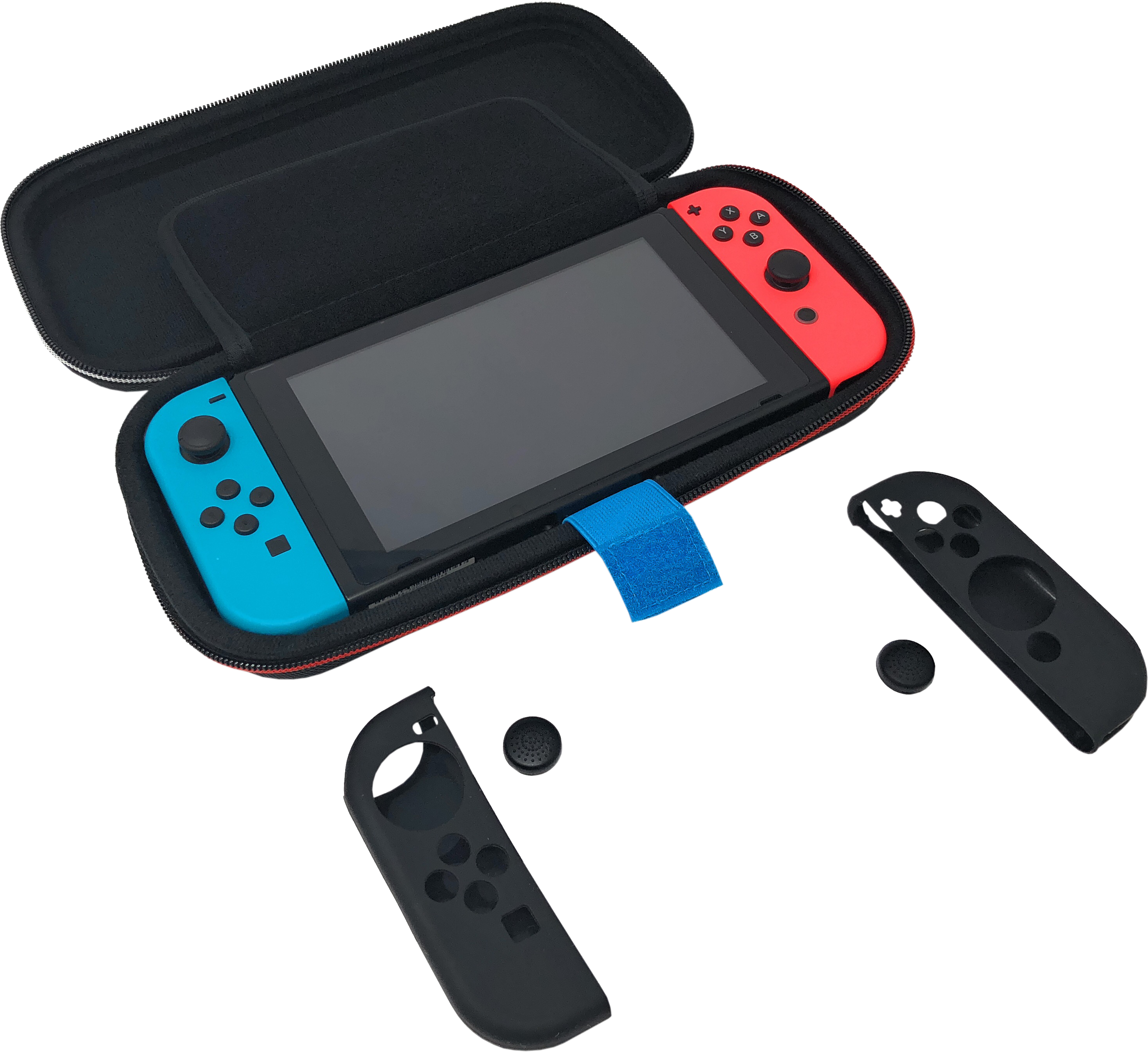 Una custodia nera con una console di gioco rossa e blu e due controller.