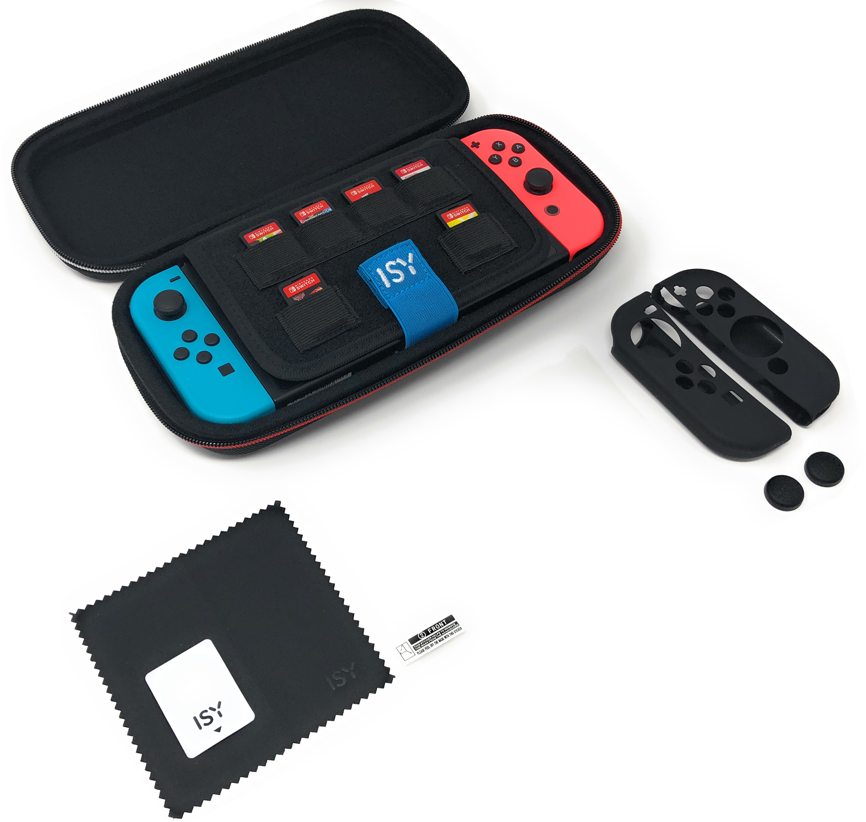 Una custodia nera con Nintendo Switch, controller e cartucce di gioco.