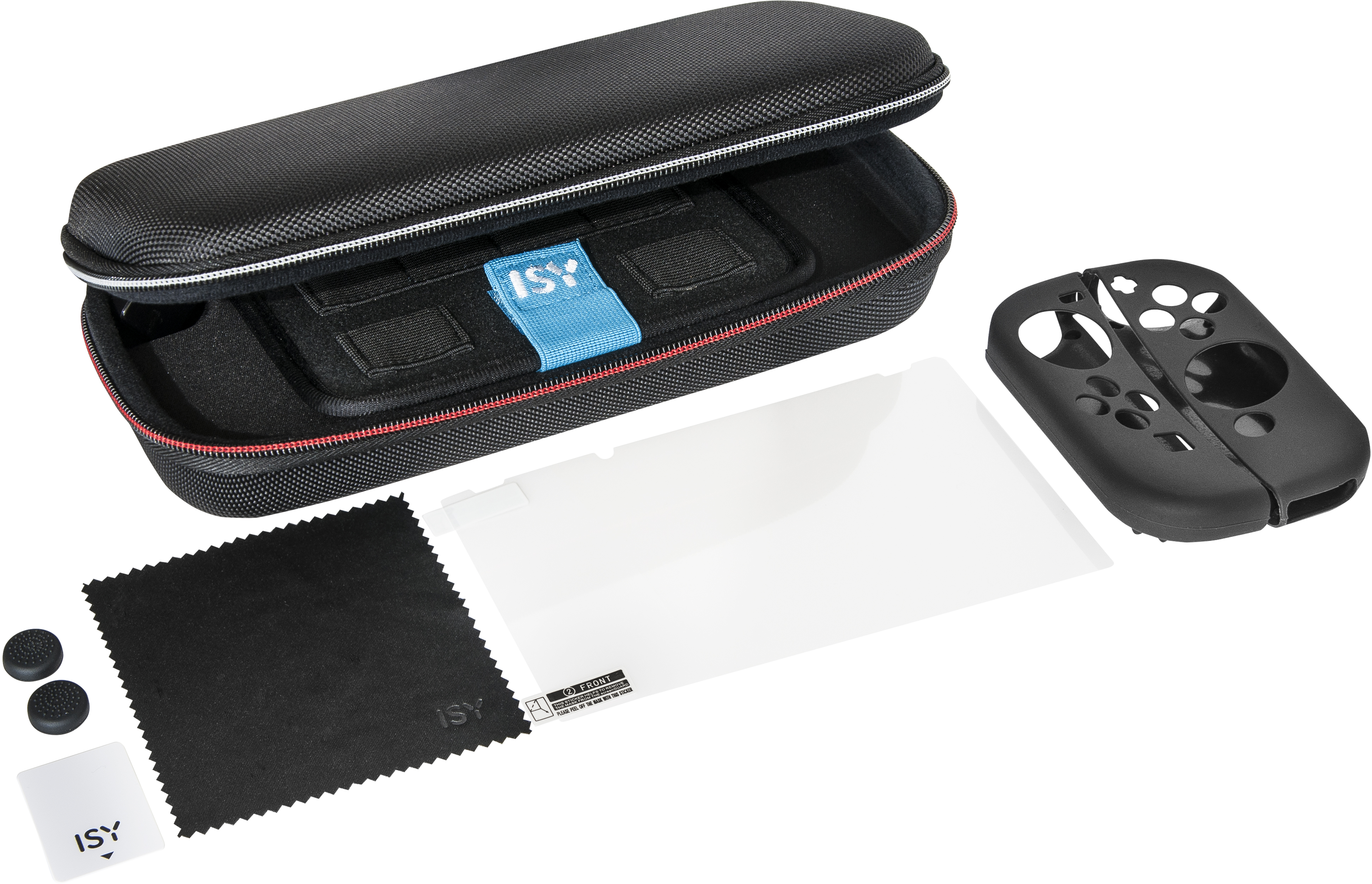Accessori per console di gioco: custodia nera, protezione schermo, copri controller, panno per la pulizia.