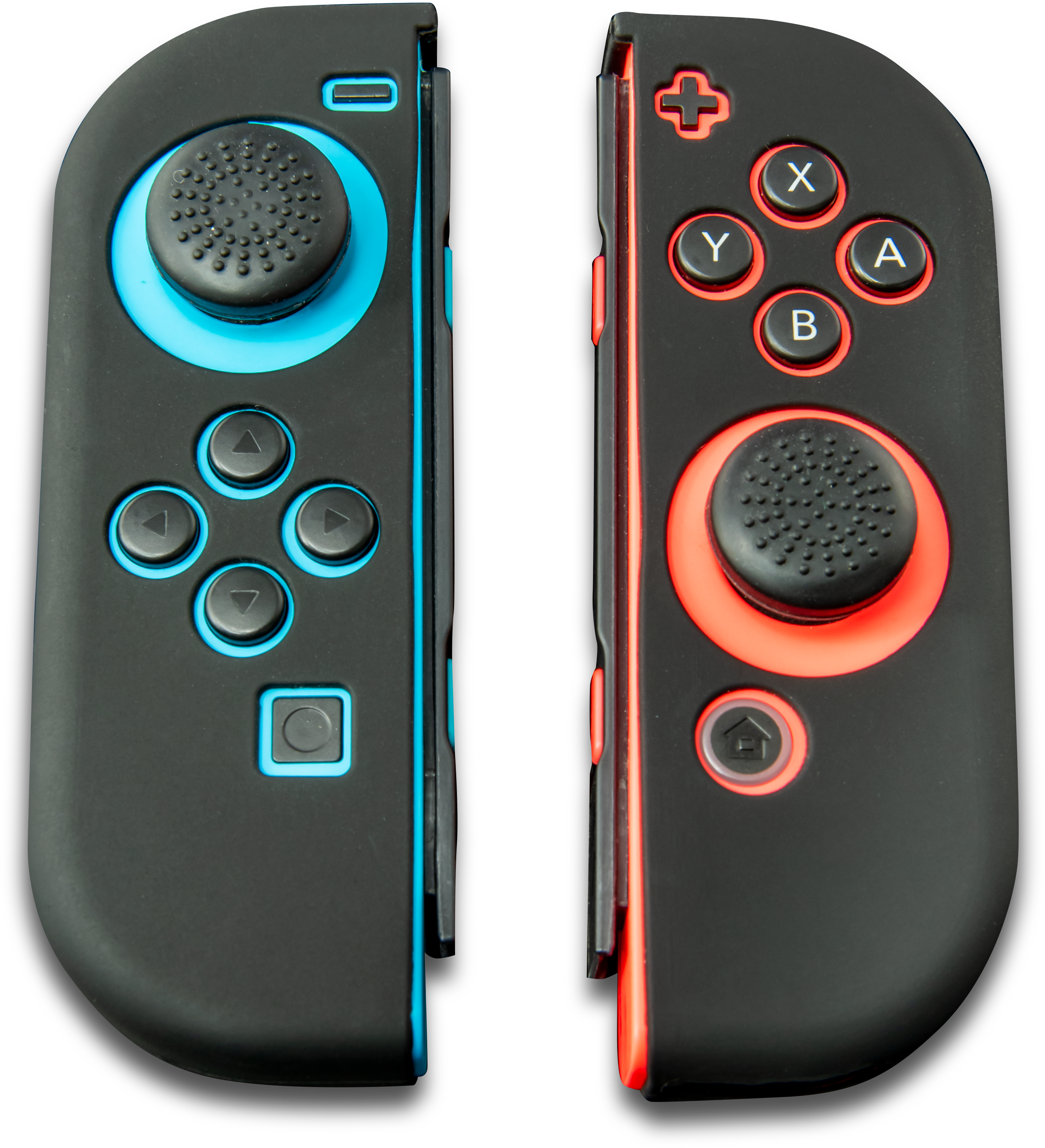Due controller Joy-Con neri e colorati per una console di gioco.