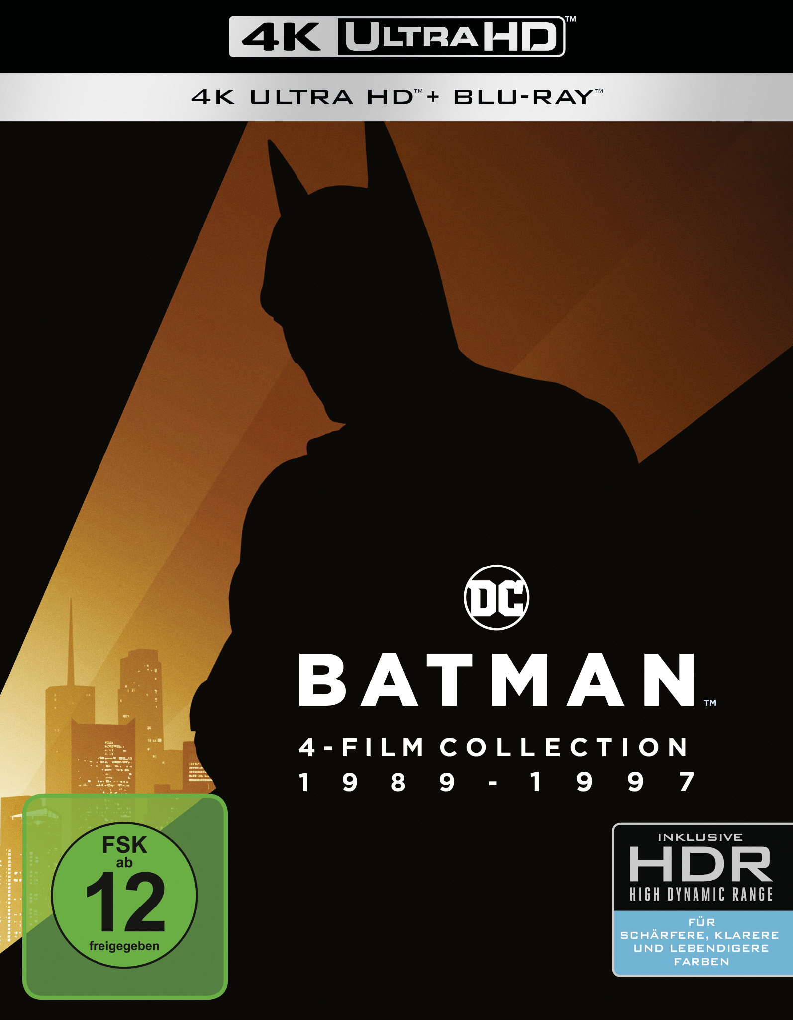 Blu-ray-Box: Batman-Silhouette, '4K Ultra HD', Text 'Batman 4-Film Collection' und Altersfreigabe.