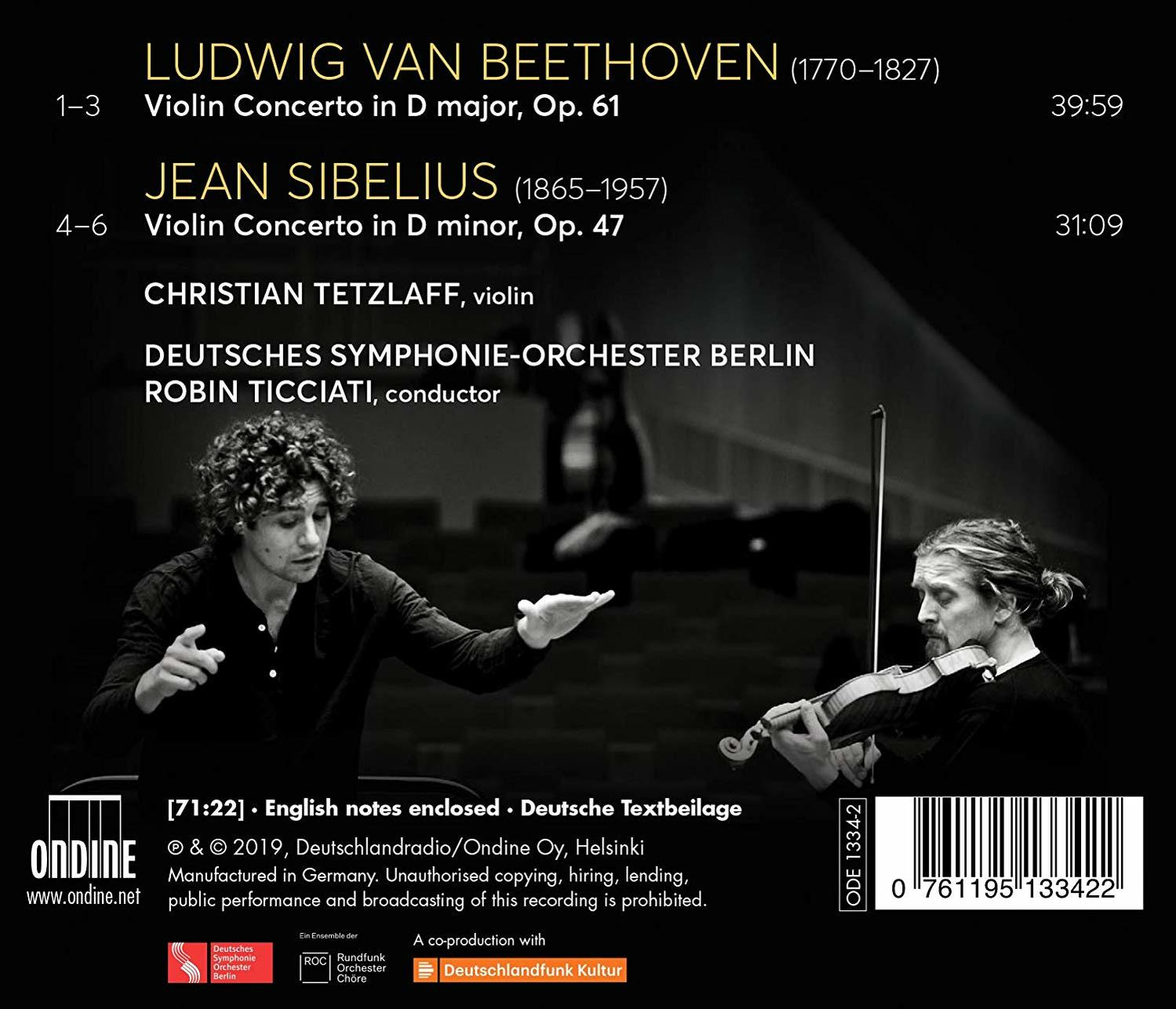 CD-Cover mit Dirigent und Geiger, Text über Beethoven und Sibelius und Noten.
