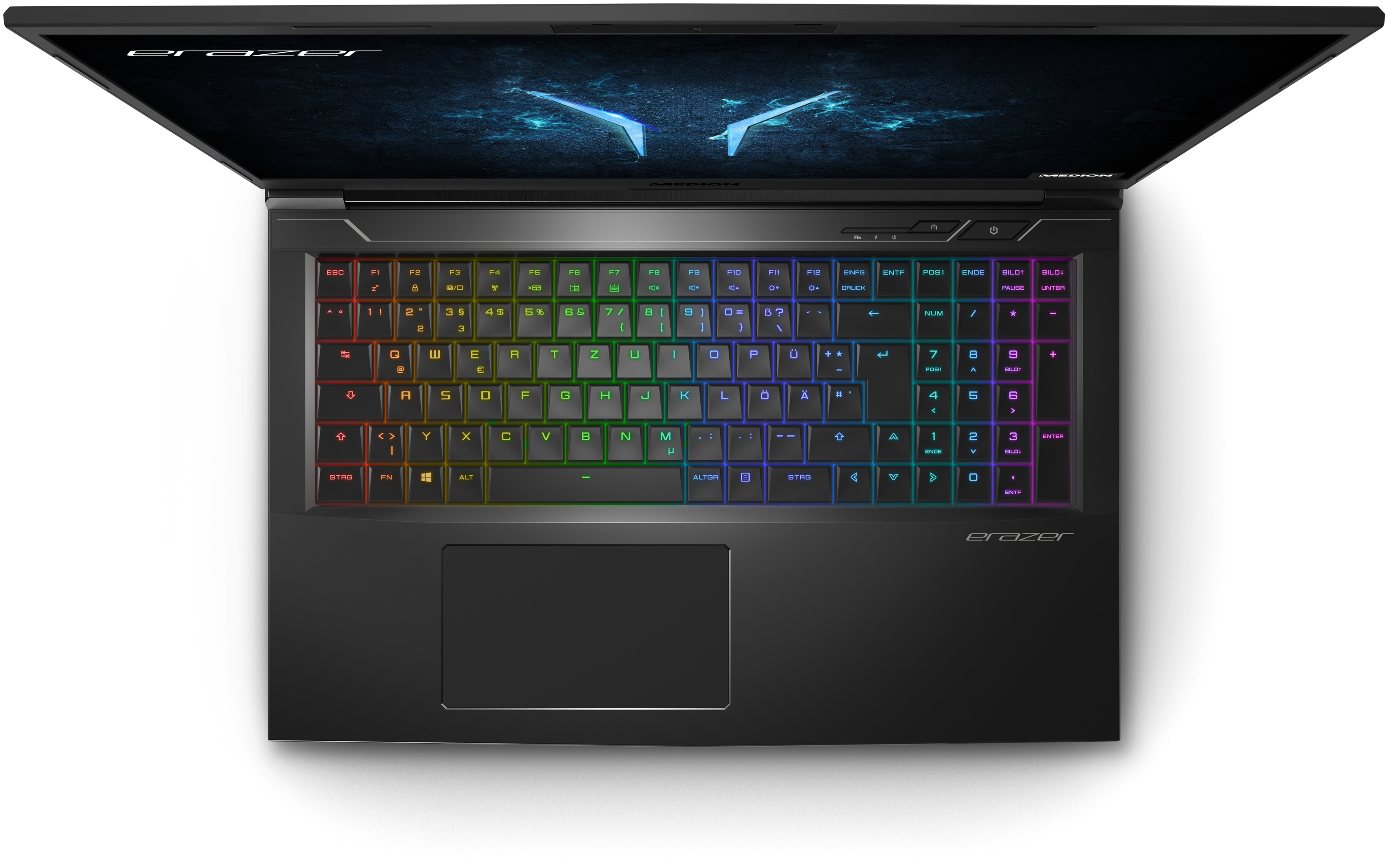 Laptop-Tastatur mit bunten Lichtern. Draufsicht. Schwarzer Laptop. Weißer Hintergrund.