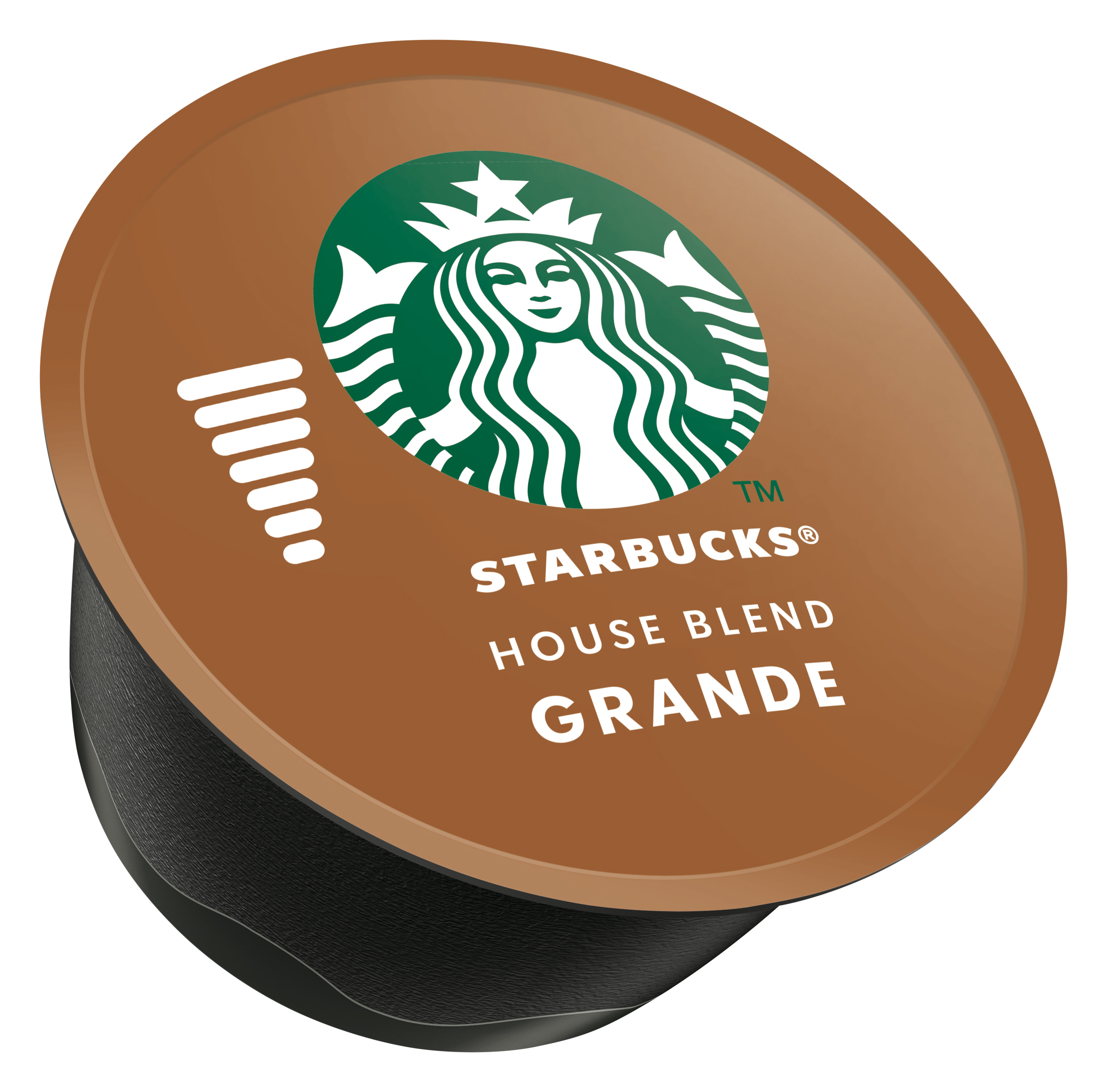 Eine Starbucks House Blend Grande Kaffeekapsel. Sie hat eine braune Oberseite mit dem Starbucks-Logo und Text.