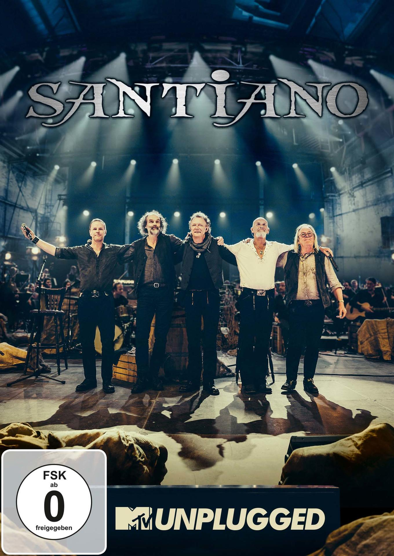SANTIANO MTV Unplugged DVD-Cover, eine Band von fünf Männern auf der Bühne.