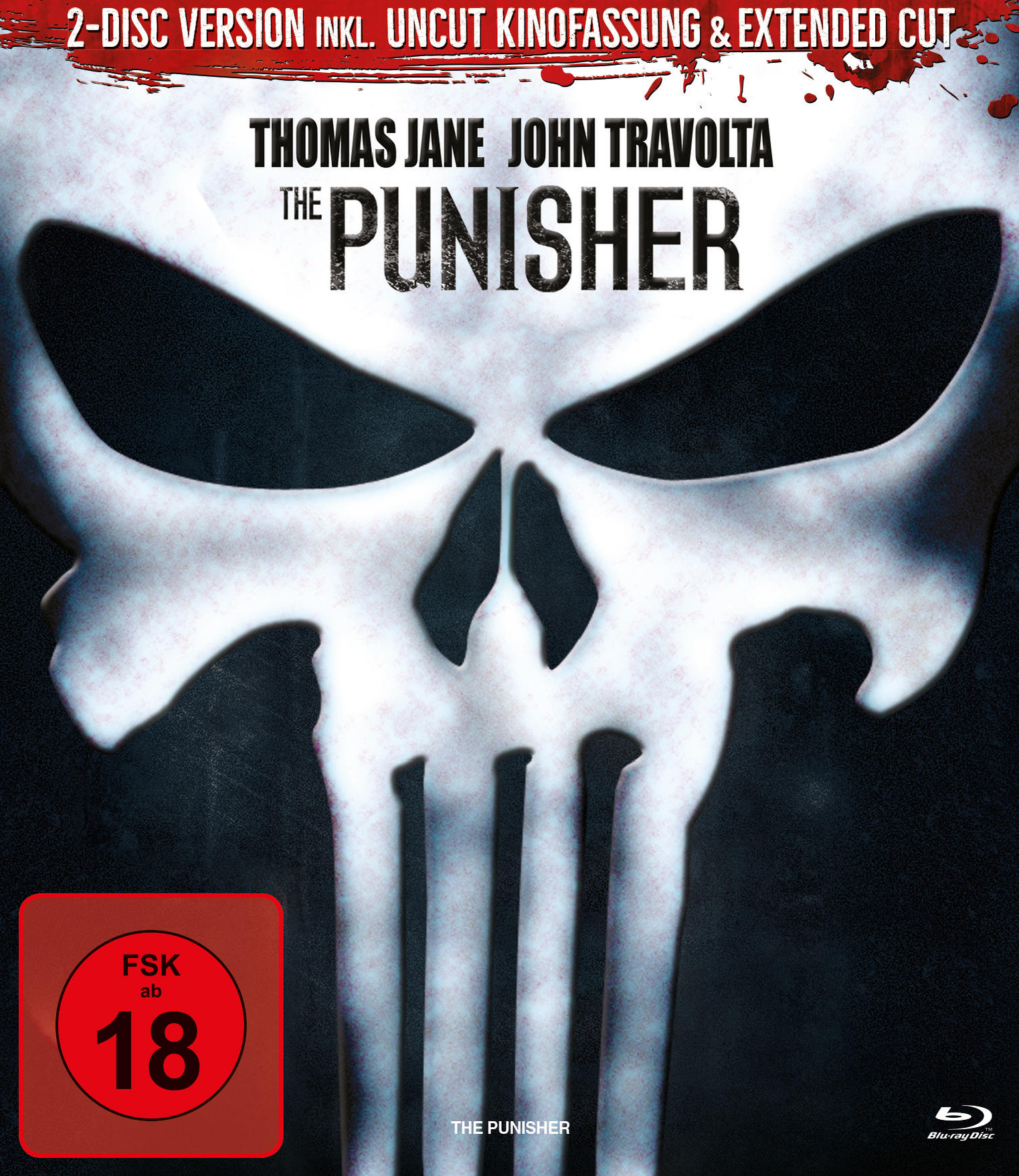 Blu-ray-Cover: Totenkopfgesicht, mit Titel The Punisher. Schauspieler: Thomas Jane, John Travolta. Rotes FSK 18.