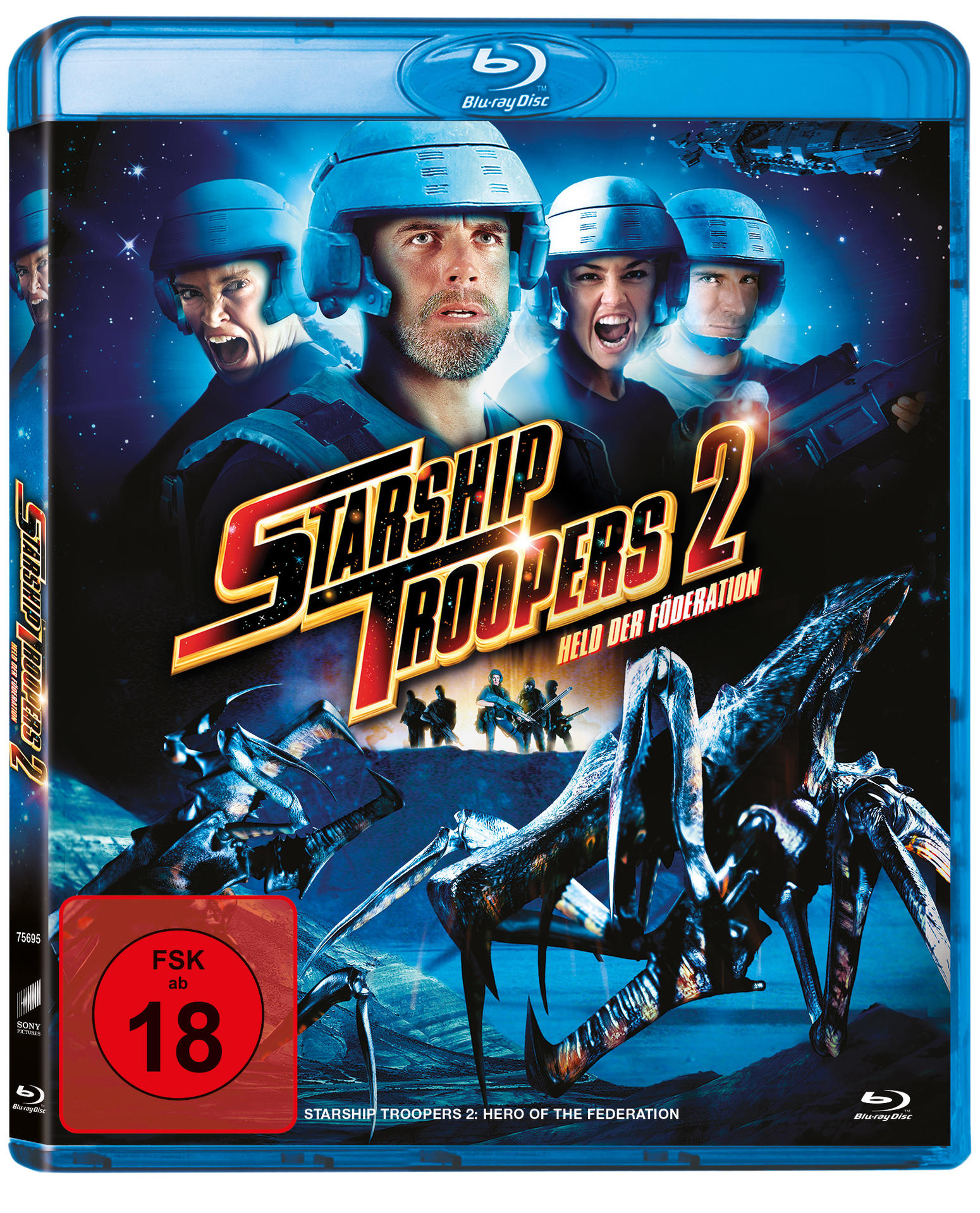 Starship Troopers 2 Blu-ray Cover. Sci-Fi-Film mit Charakteren und Logo. Blaue Hülle.