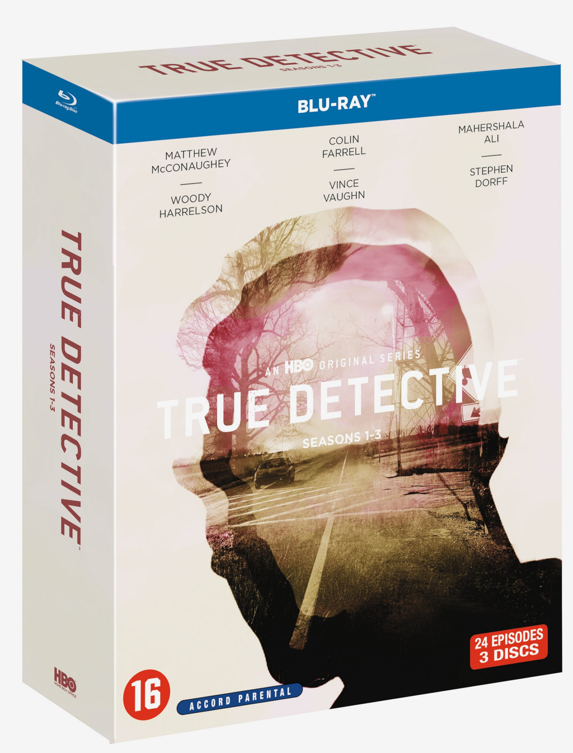 Un coffret de 'True Detective' saisons 1-3 Blu-ray. La couverture présente un visage flou et des arbres.