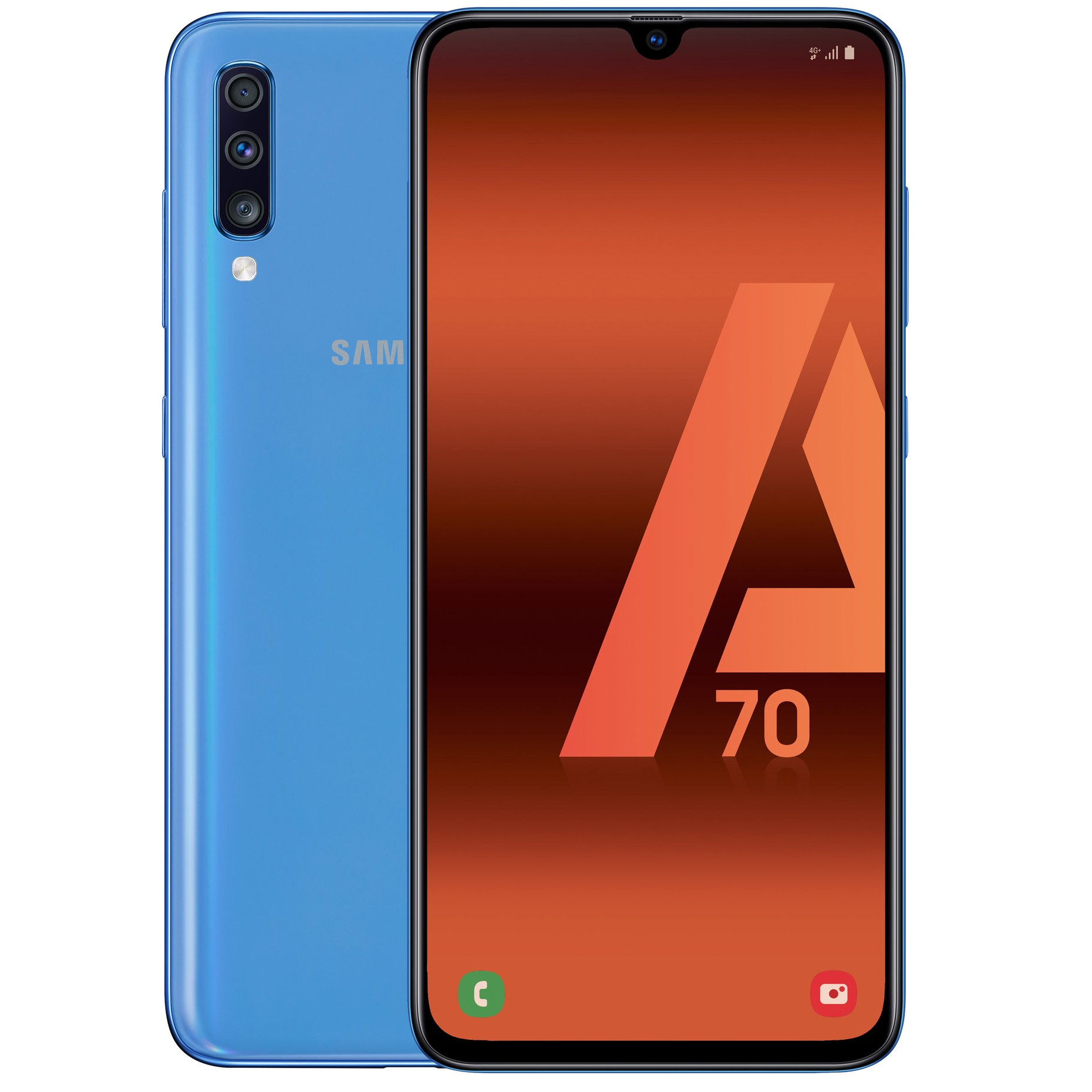 Un teléfono Samsung A70 azul, que muestra las pantallas trasera y delantera, con un fondo naranja en la pantalla.