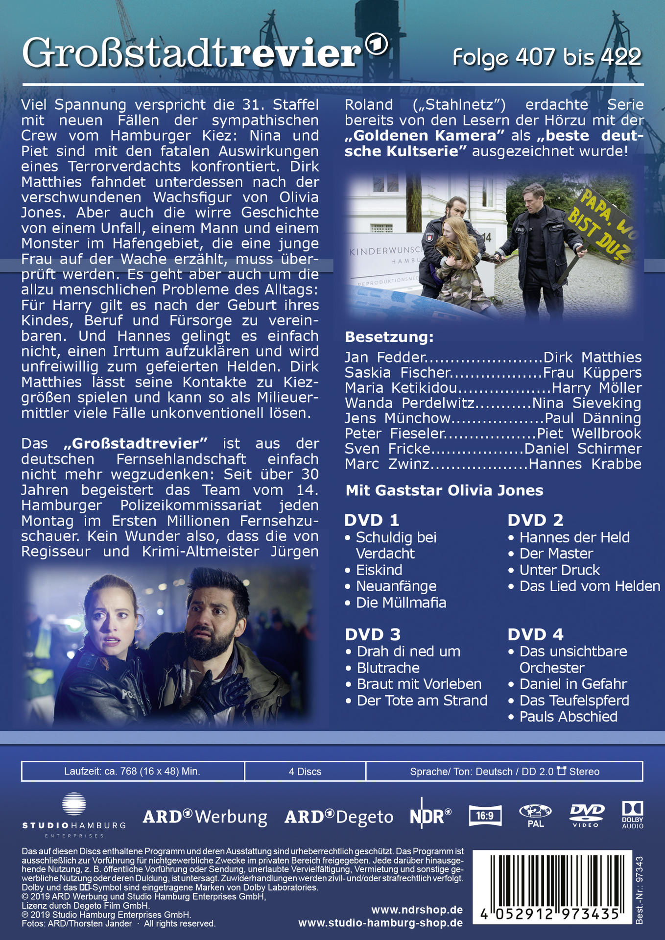 Rückseite einer DVD 'Großstadtrevier'. Zeigt Schauspieler, Text und den DVD-Titel. Blauer Hintergrund.