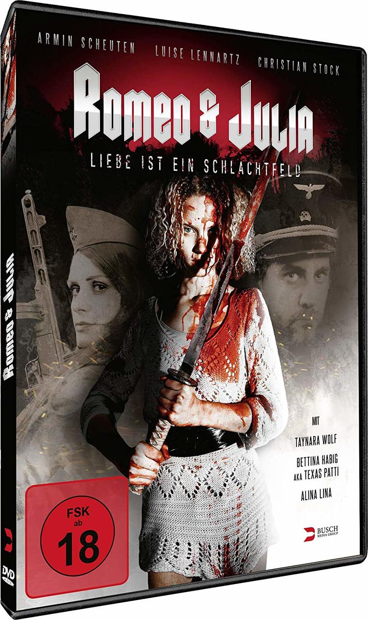 DVD-Hülle von Romeo & Julia. Frau hält Schwert, Blut. Andere Charaktere im Hintergrund.