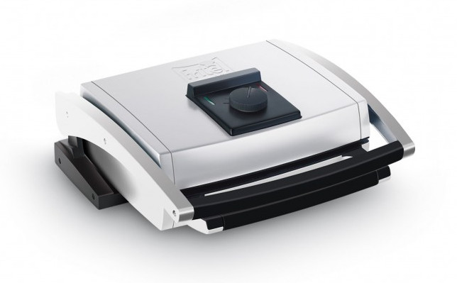 A silver and black grill in an open position, with a temperature control knob.