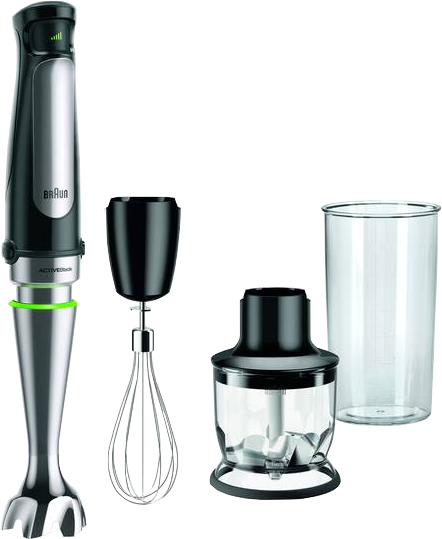Braun-Handmixer mit Aufsätzen: Schneebesen, Zerkleinerer und Mixbecher, alles auf weißem Hintergrund.