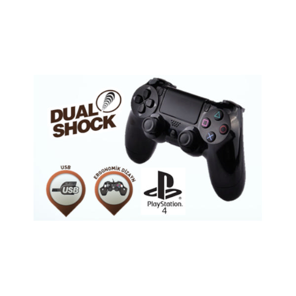 Siyah Playstation 4 kontrolcüsü. Beyaz arka plan, Dual Shock logosu ve USB sembolü.