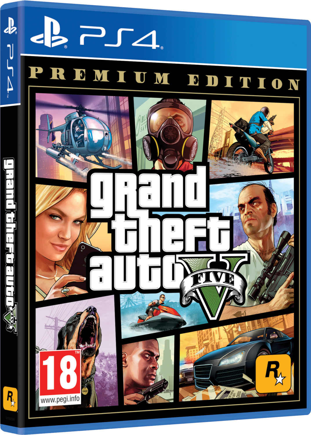 Boîte de jeu pour Grand Theft Auto V, avec des personnages et des images du jeu.