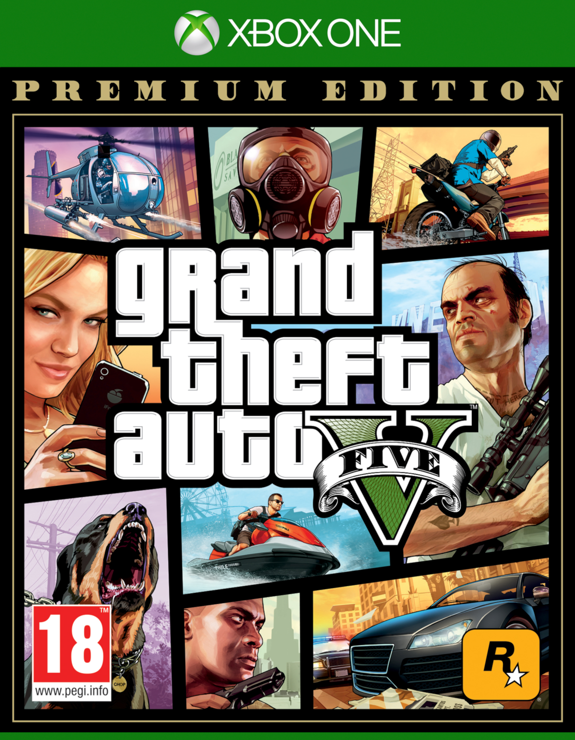Grand Theft Auto V game cover, met verschillende personages en scènes. Het Xbox One-logo staat in de hoek.