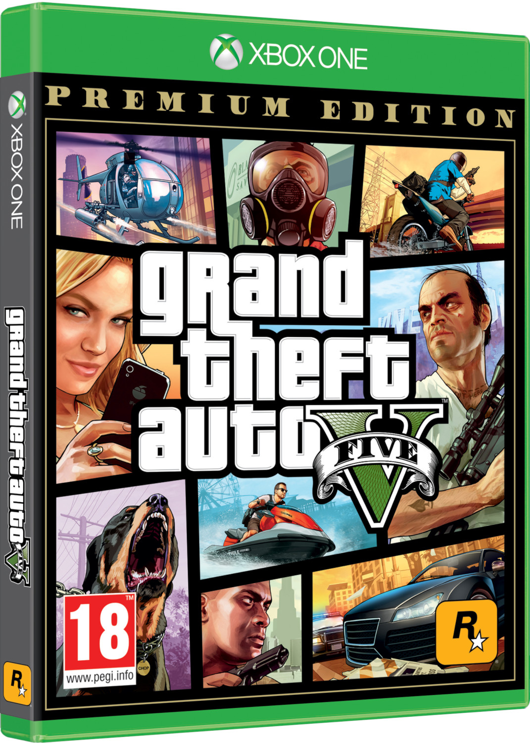 Grand Theft Auto V gamebox. Omslag met personages, voertuigen en het logo van de game.